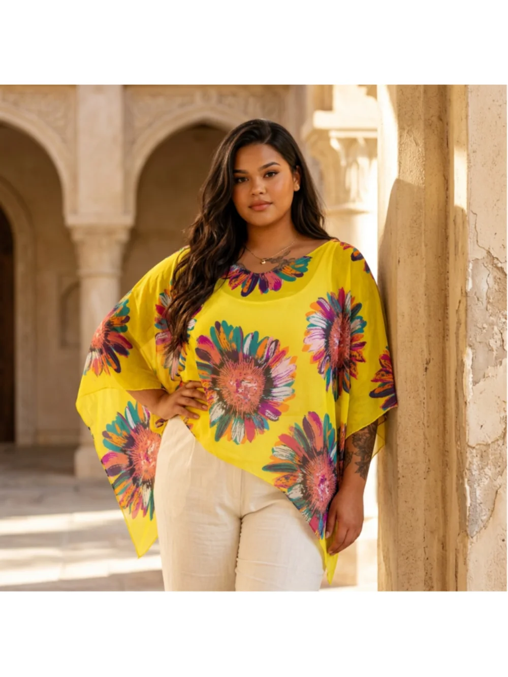 Beautiful Floral button Sleeve One Size Yellow Multicolor Blouse Poncho Scarf